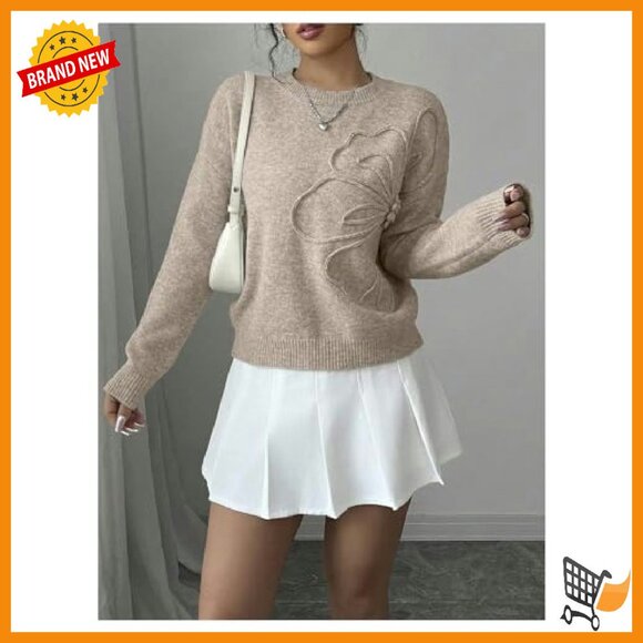 3D Floral Applique Crewneck Sweater Drop Shoulder Knit Top - Picture 5 of 6